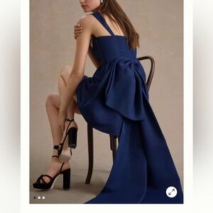 SACHIN & BABI BLAINE TAFFETA‎ SQUARE-NECK BOW TRAIN MINI DRESS navy NWT 16